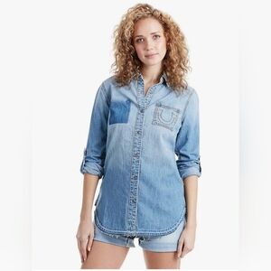NWT True Religion Denim Paneled Boyfriend Button-Down Shirt in Spring Daze XS